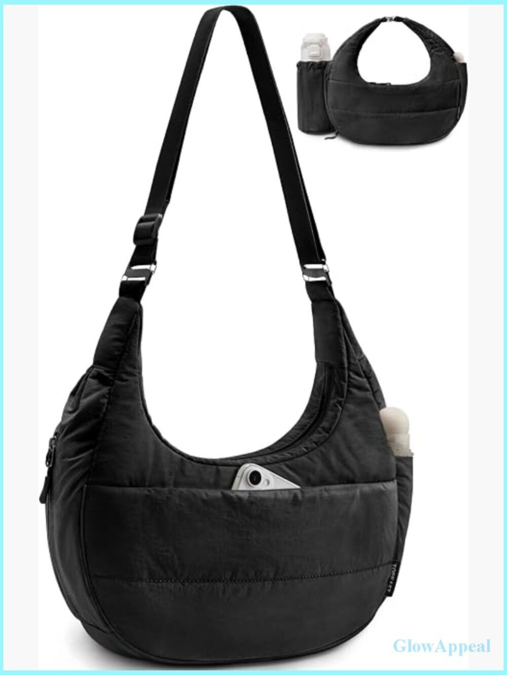 Puffer Crescent Crossbody Bag with Water Bottle Pocket, 7L, Multiple